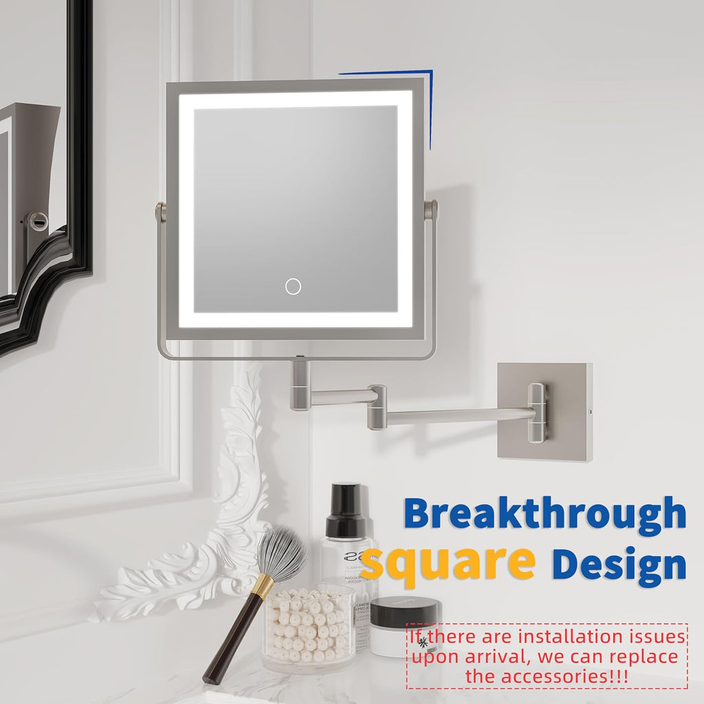 Ruacq Rechargeable Wall Mounted Makeup Mirror with Lights, Double Sided 1X/10X Magnifying Vanity Mirror with 3 Color Light, Touch Screen Dimmable, 360° Rotation Extension Foldable Arm(Brushed Nickel)
