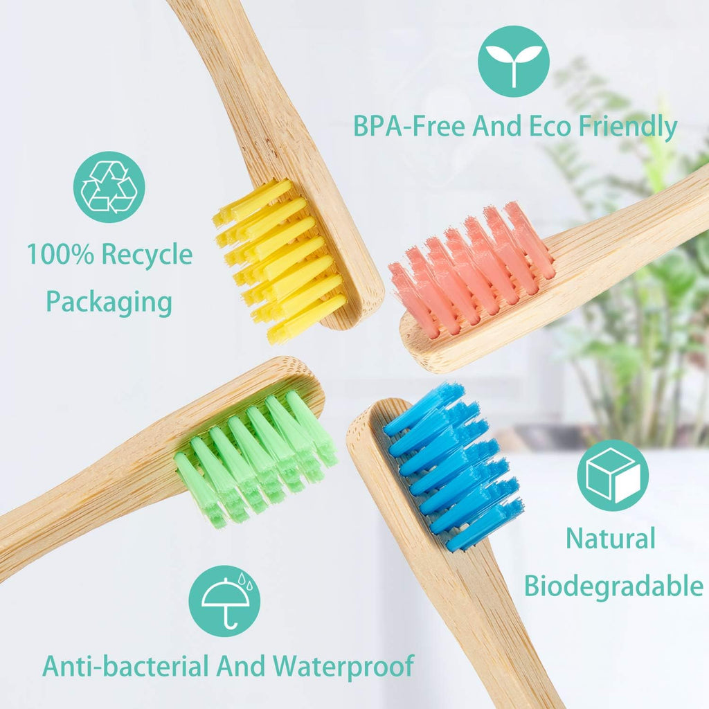 10 Piece Kids Bamboo Toothbrush Set - Natural Soft Bristle, Wooden, Toddler to Adult, Organic, BPA-Free, Colorful Travel Pack (Pack of 2)