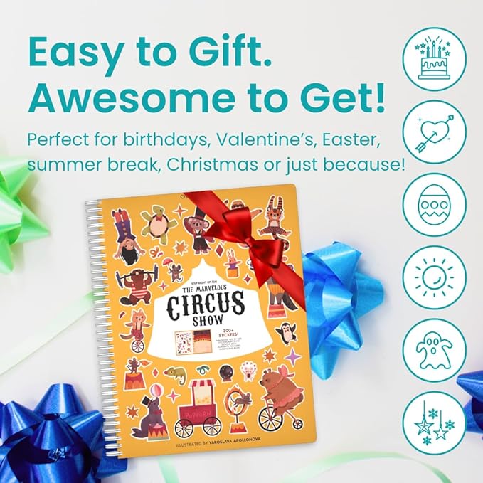 Cupkin Circus Show Activity Set for Kids, Side by Side Sticker Collection, Toddler Travel Essentials, 300+ Circus-Themed Stickers + 8 Play Scenes and Coloring Pages, Small Activity Pack