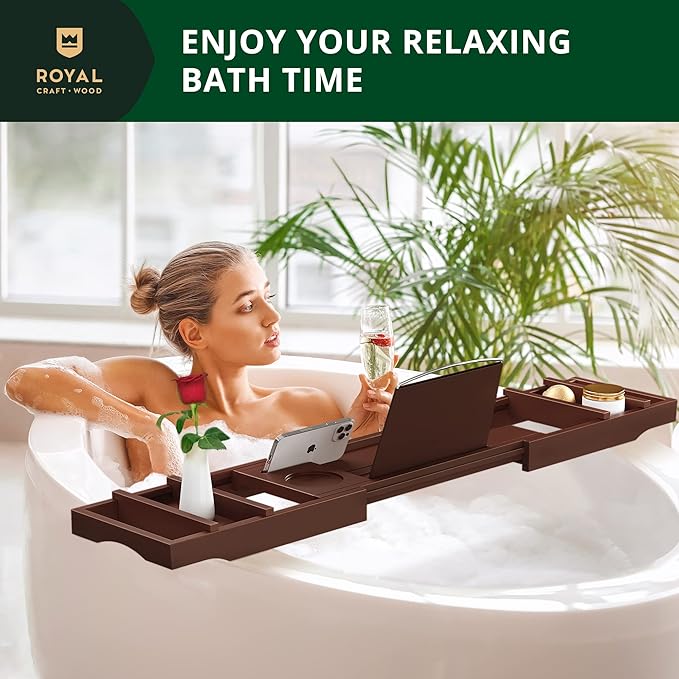 ROYAL CRAFT WOOD Non-Foldable Bathtub Tray - Wood Bath Tray for Tub, Bamboo Bathtub Shelf, Expandable Bath Table Trays, Luxury Bathroom Accessories for New Home & Unique Gift for Women