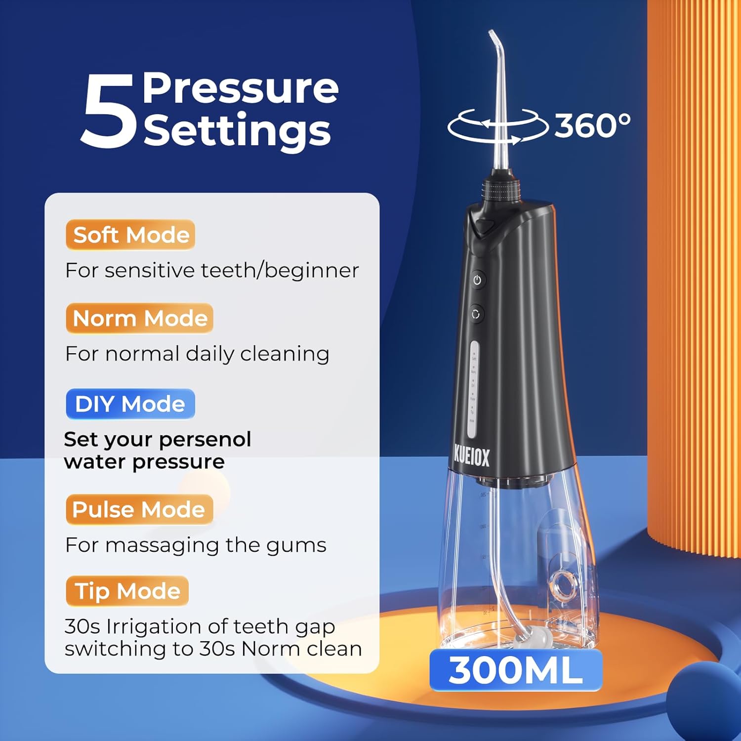 Electric Toothbrush with Water Cordless Flosser, 320ML Portable Travel Water Dental Flosser for Teeth with 5 Modes & 6 Jet Tips & IPX7 Waterproof for Teeth Cleaning and flossing (Black)