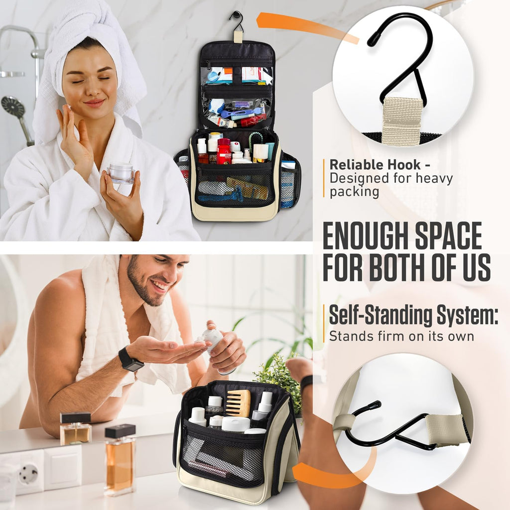 VENTURE 4TH Hanging Travel Toiletry Bag for Women & Men - Travel Organizer with Expandable Compartments & Removable Clear Pouch for Toiletries (Beige)