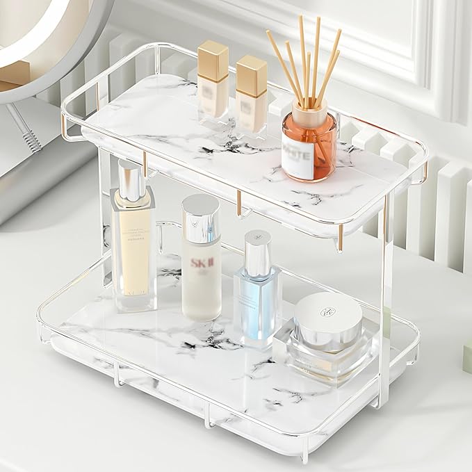 Bathroom Organizer Countertop Perfume Organizer Makeup Organizer Cosmetics Storage Display Rack Vanity Tray Dresser Stainless Steel Gold Shelf White Marble Ceramic Tray