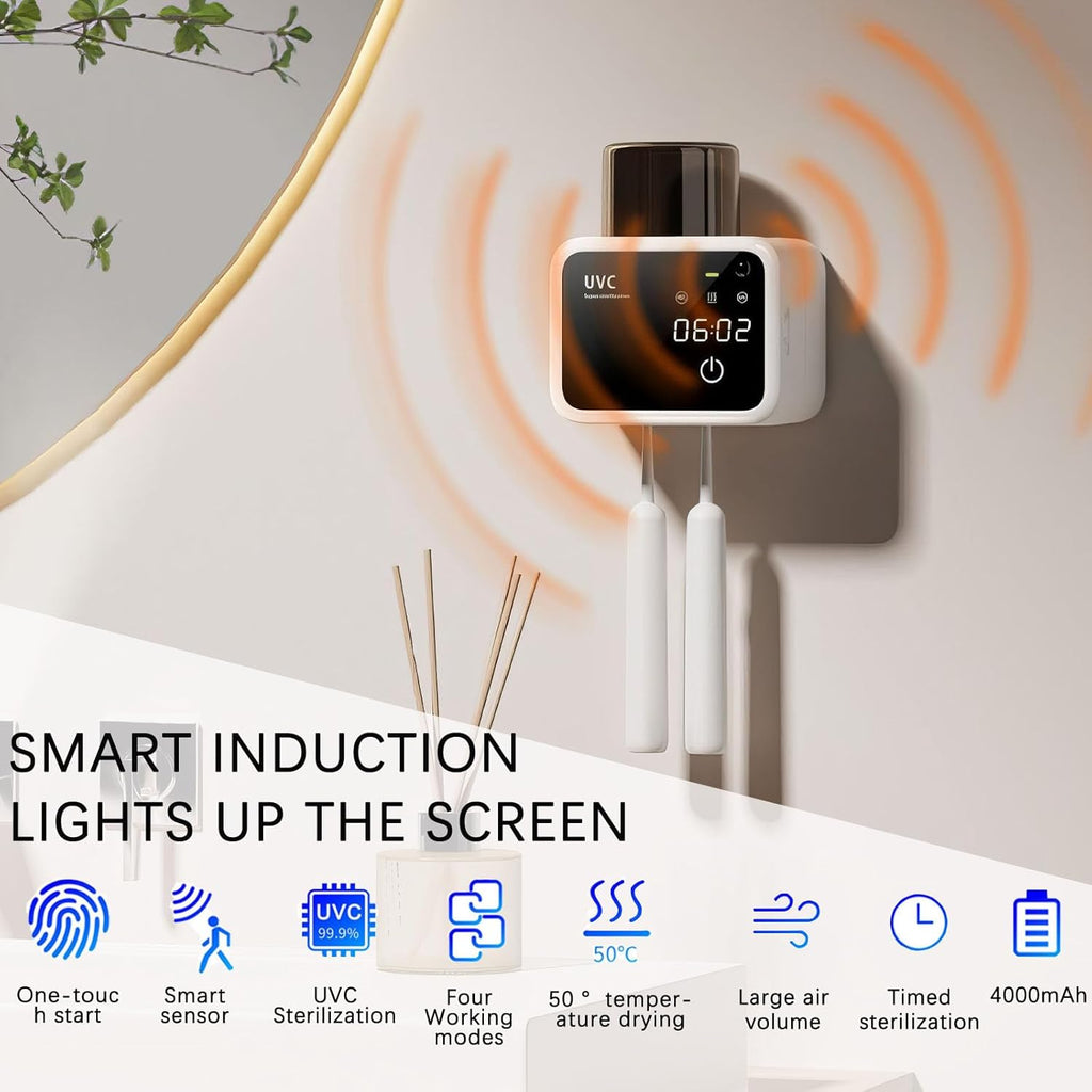 Bathroom Toothbrush Holders-2 Slots 1 Cup,Electric Toothbrush Holder with Constant Temperature Drying, Timed Cleaning, Air Drying, Rechargeable Wall-Mounted Toothbrush Holder with 4000mAh (White)