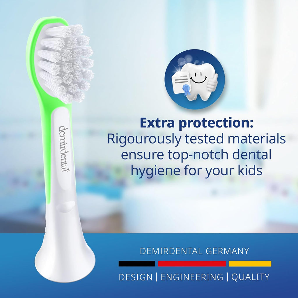 demirdental Kids Mini Toothbrush Heads Compatible with Philips Sonicare Compact Kids Toothbrush Heads - Replacement Heads Sensitive - Brush Heads from Ages 3 to 6 - Green - Replaces HX6038-8 Pack