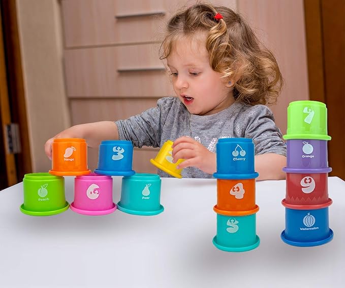17 PCs Multicolor Nesting and Stacking Cups Set, Baby Bathtub Toys, Early Learning Educational Toys for Infants, Toddlers, Stacking Cups with The Numbers, Shapes, Fruits, Animals Patten
