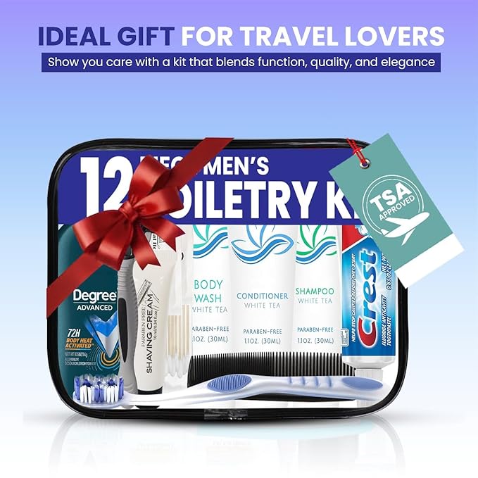 Trektote Travel Toiletry Kit For Men – 12 Piece Set Of Travel Size Toiletries, TSA Compliant, Travel Essentials, Includes Shampoo And Conditioner, Body Wash, Toiletry Bag & More