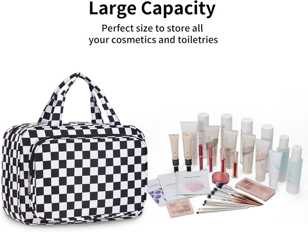 Narwey Travel Toiletry Bag for Women Large Hanging Makeup Bag Organizer Toiletries Bag for Full Size Essentials Accessories Cosmetics (Black Checkerboard (Large))