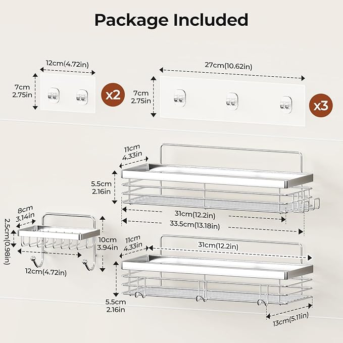 Orimade Adhesive Shower Caddy Soap Dish Holder Shelf with 5 Hooks Bathroom Organizer Basket Kitchen Storage Rack Wall Mounted No Drilling Stainless Steel - 3 Pack,Silver
