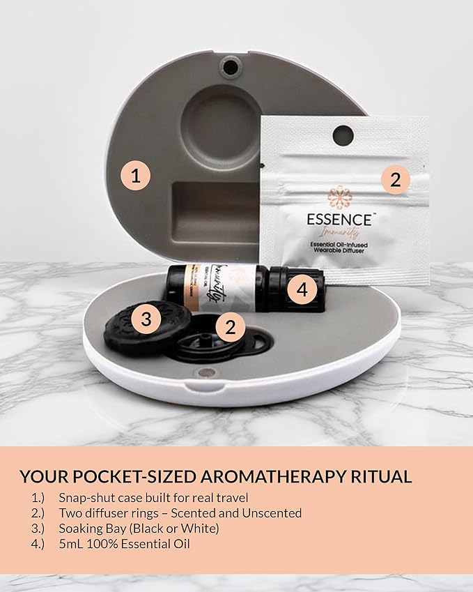 Essence Pearl Travel Case - Wearable Aromatherapy Kit with Nasal Diffuser Rings, Soaking Bay, and 5mL Essential Oil – Portable Wellness Gift Set for On?The?Go Self Care
