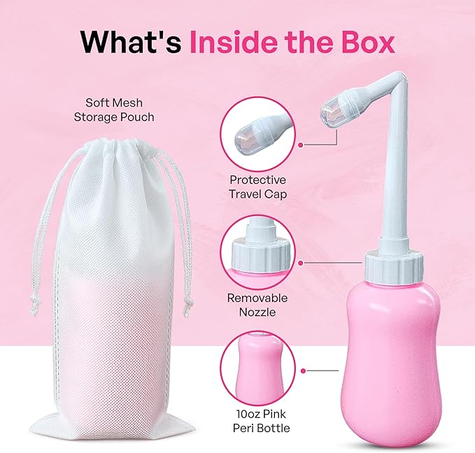 Portable Bidet Bottle for Women - Personal Upside Down Peri Bottle for Feminine Hygiene, Postpartum & Period Care with Angled Sprayer & Storage Bag - Perfect for Travel & New Moms (10 oz)
