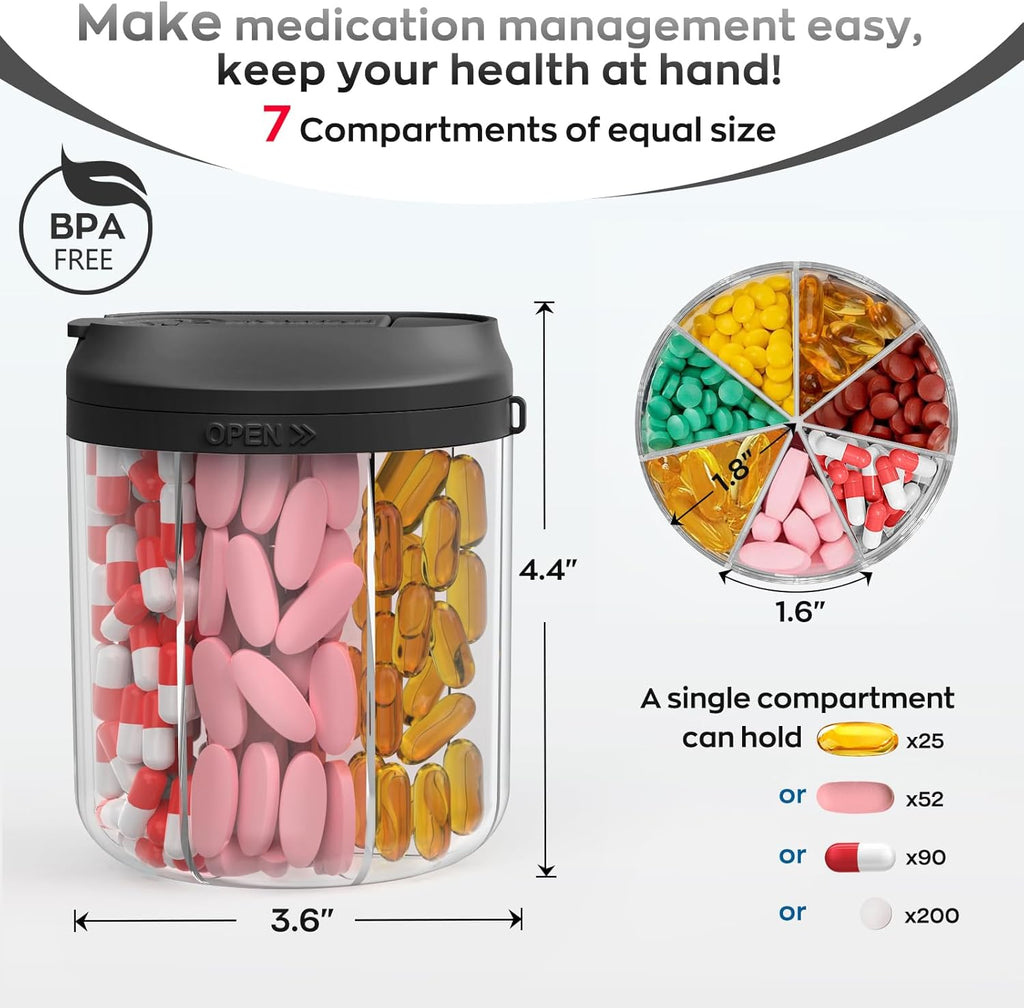 Pill Dispenser with 7 Large Compartments, Pill Organizer for Travel, Supplement Organizer with Anti-Mixing Design, BPA-Free Pill Container with 20 Pcs Labels, Black+ Grey