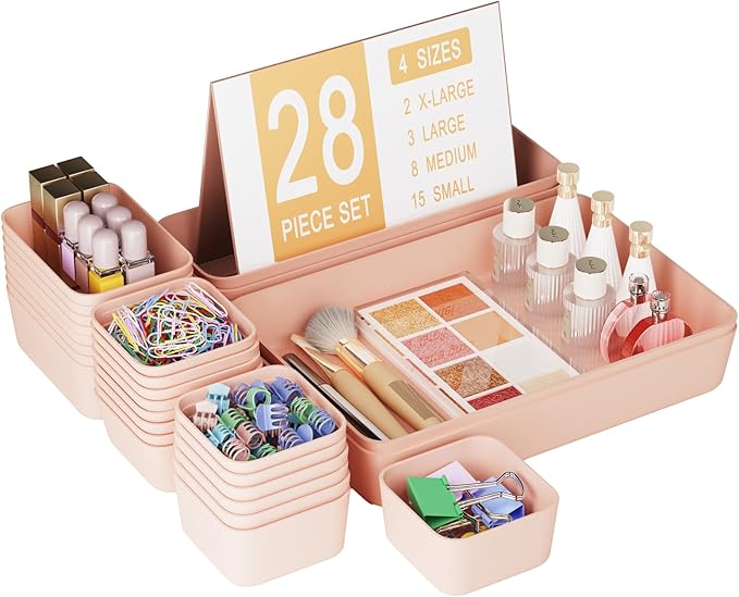 Plastic Drawer Organizers, 28 PCS Drawer Organizer Bins, Bathroom and Vanity Organizer Plastic Tray, Makeup organizer and storage for Makeup, Bedroom, Kitchen Gadgets Utensils and Office