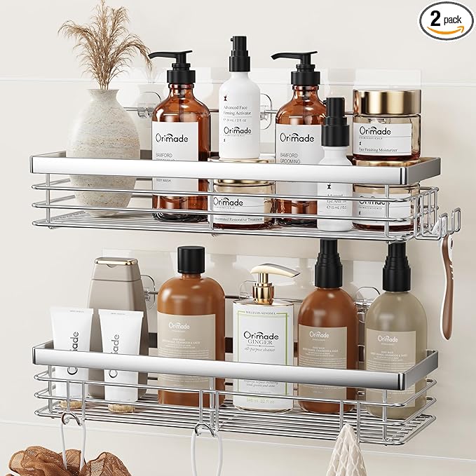 Orimade Shower Caddy with 5 Hooks Organizer for Hanging Razor and Sponge Bathroom Basket Adhesive Shower Shelf Storage Kitchen Rack Wall Mounted No Drilling Rustproof Stainless Steel - 2 Pack