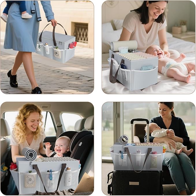 2In1 Baby Diaper Caddy & 3-Tier Rolling Diaper Cart, Diaper Caddy Organizer Cart with Dividers & 12 Pockets, Nursery Bedside Caddy Utility Cart for Baby Clothes & Dresser Baby Bottle,Baby Essential