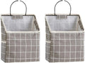2 Pcs Wall-Hanging Storage Bags,Desktop Organizer Basket Cotton Linen Hanging Storage Basket for Kitchen,Bderoom,Living Room-GreyGrid