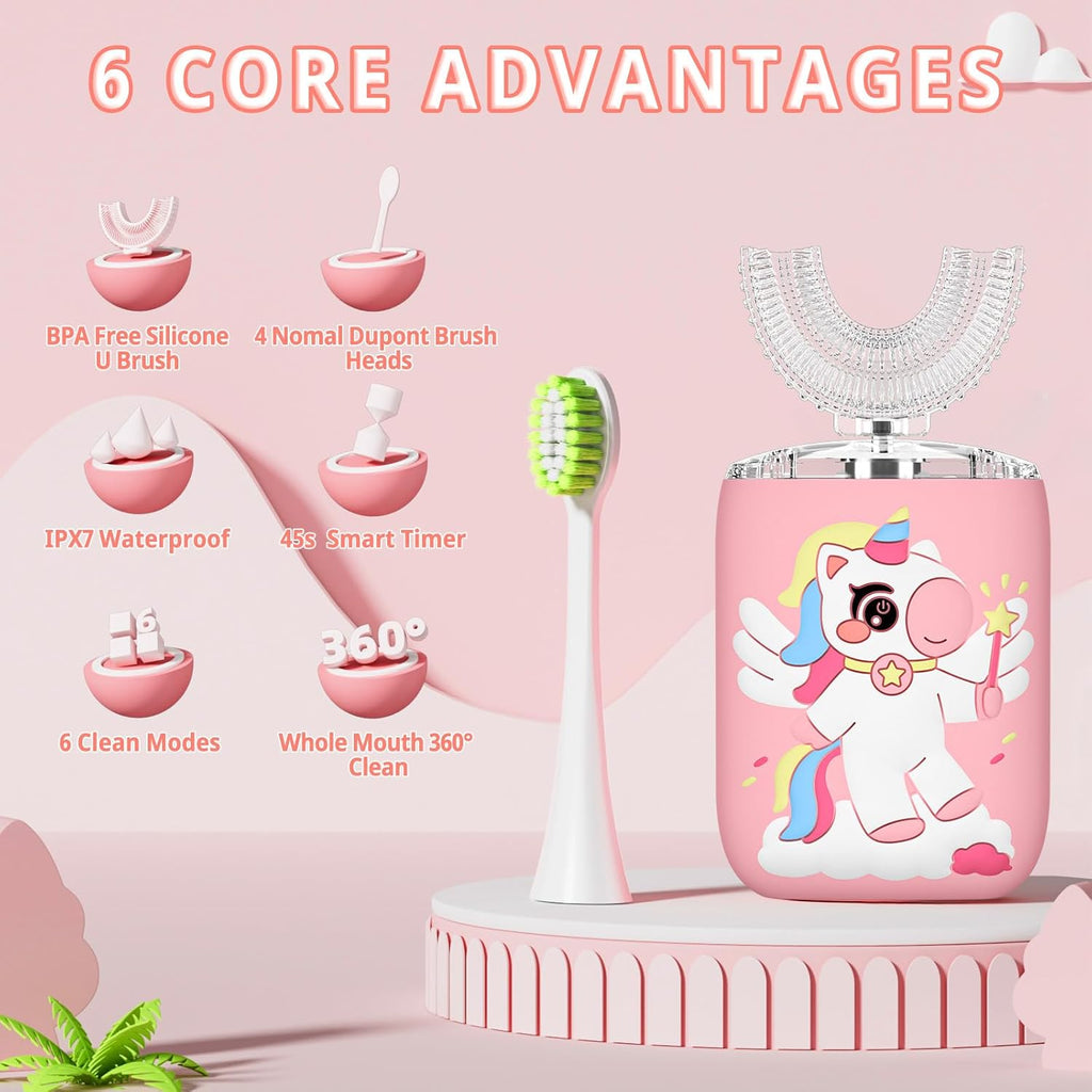 Kids Electric U Shaped Toothbrush Unicorn Rechargeable Sonic Toothbrush with 4 Soft Brush Heads with Kid Toothpaste IPX7 Waterproof - (Age 2-7, Pink)