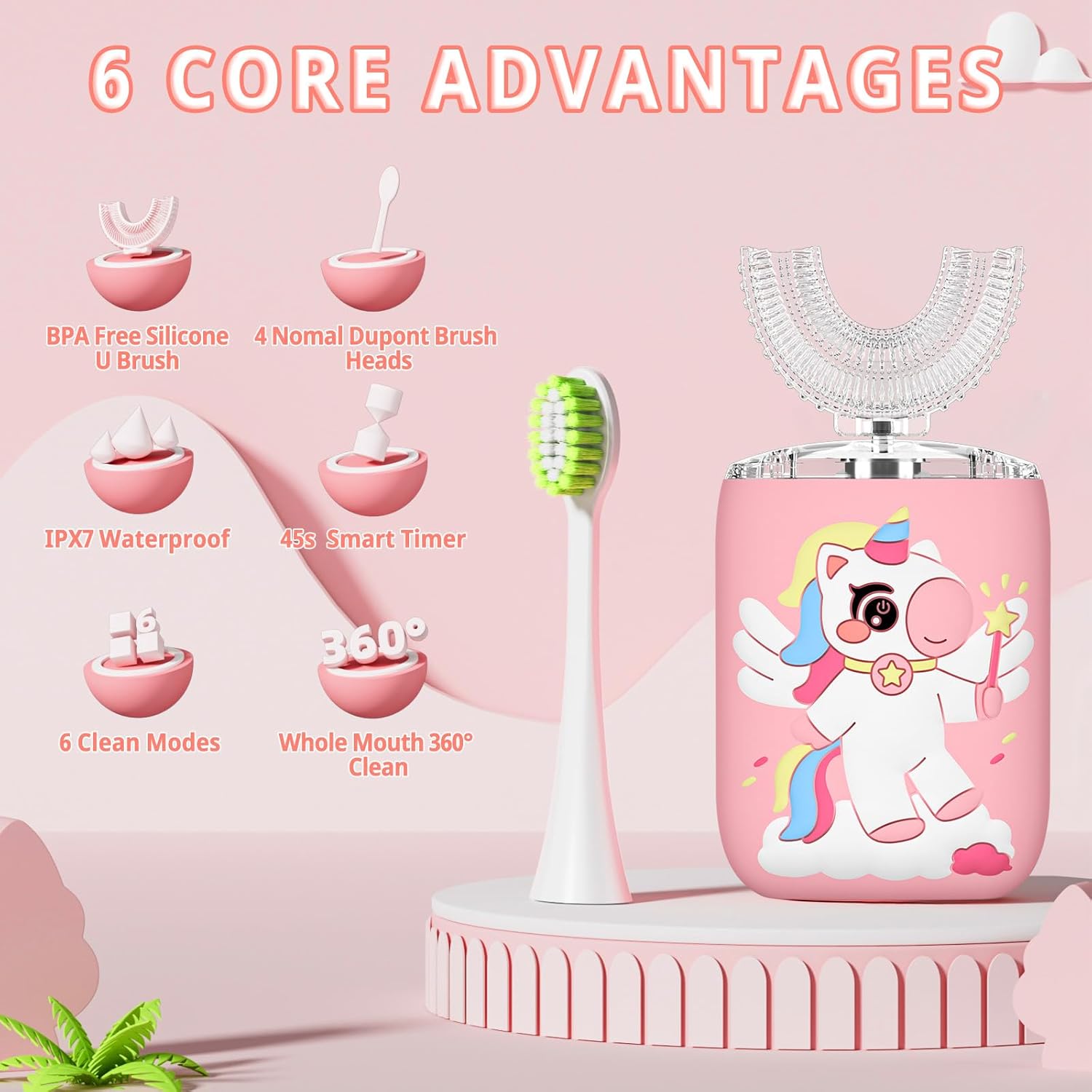 Kids Electric U Shaped Toothbrush Unicorn Rechargeable Sonic Toothbrush with 4 Soft Brush Heads with Kid Toothpaste IPX7 Waterproof - (Age 2-7, Pink)