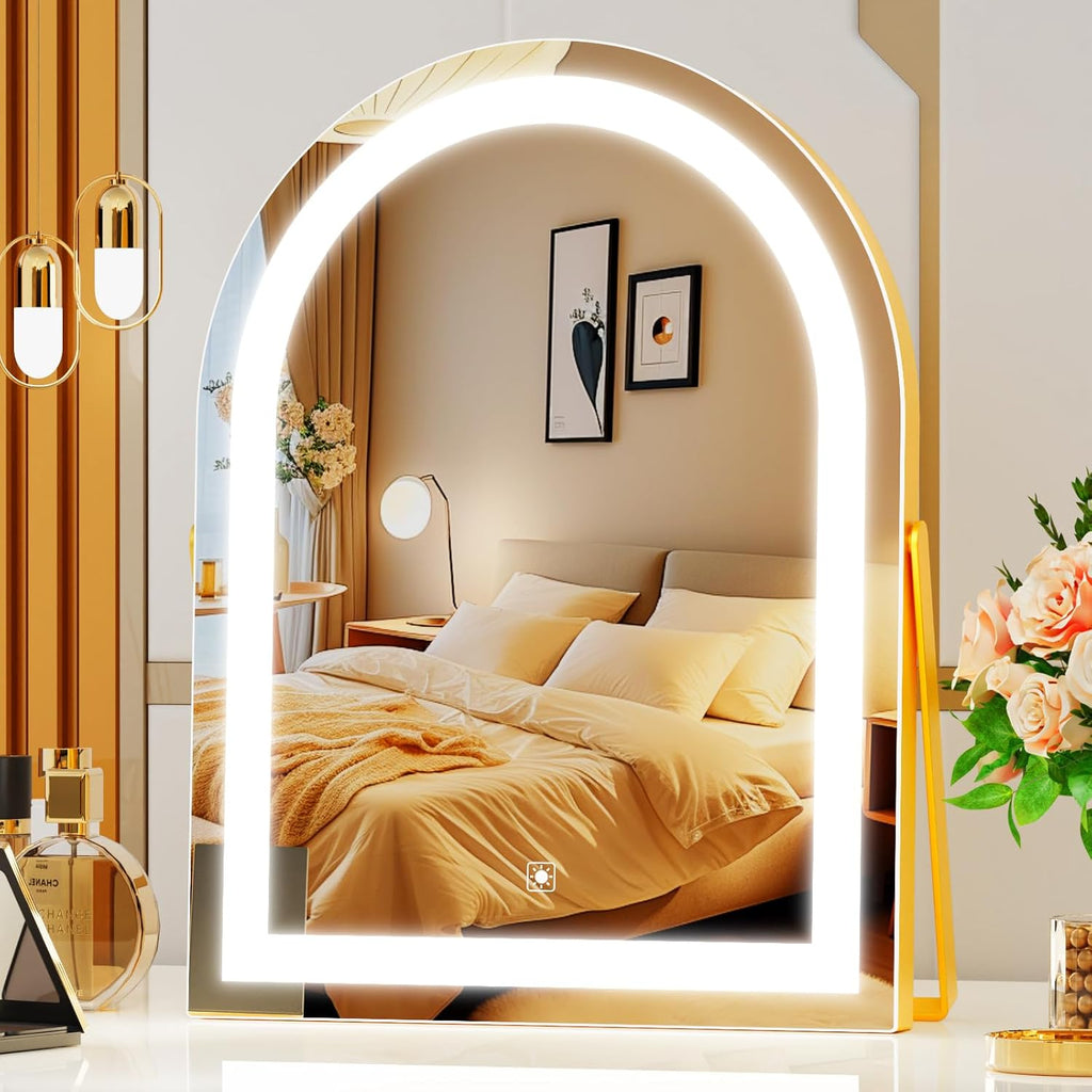 Vanity Mirror with Lights, 16" Light Up Makeup Mirror, LED Makeup Mirror with Lights for Bedroom Tabletop, Smart Touch Control 3 Colors Dimmable, 360° Rotation Gold