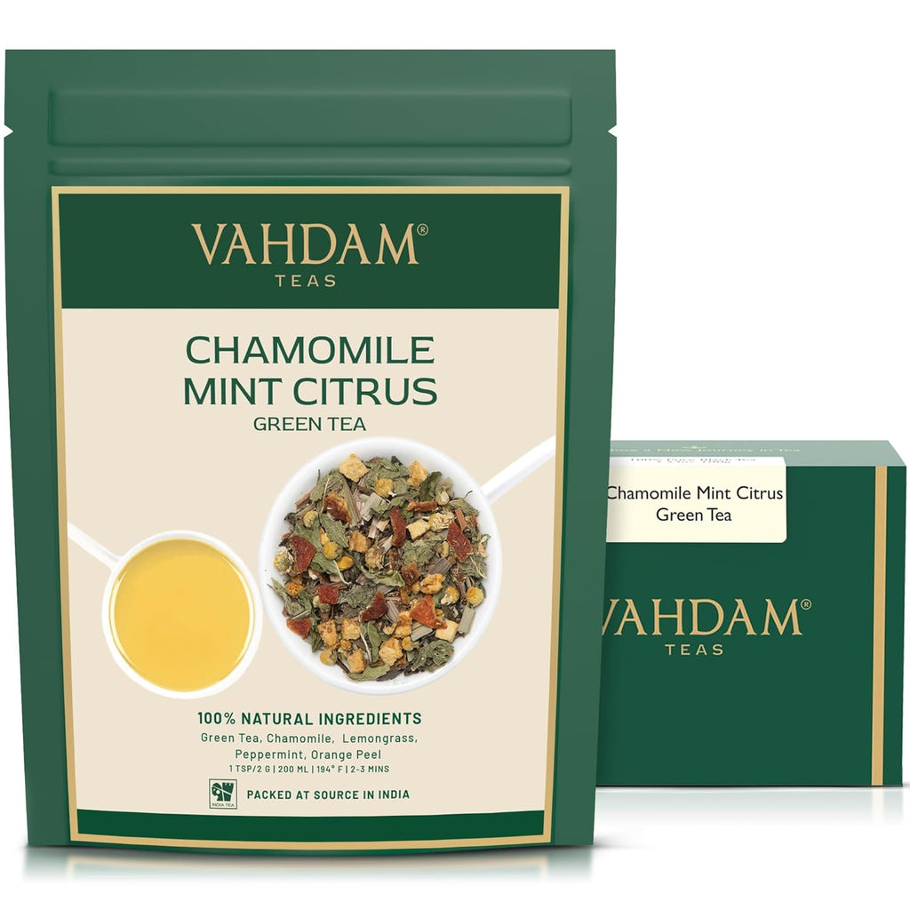 VAHDAM, Chamomile Mint Citrus Green Tea Leaves (50+ Cups, 3.5 oz) Essential Herbs | Green Tea Leaves, Chamomile, Peppermint, Spearmint, Orange Peels, Lemongrass | High Elevation Grown | Vacuum Sealed