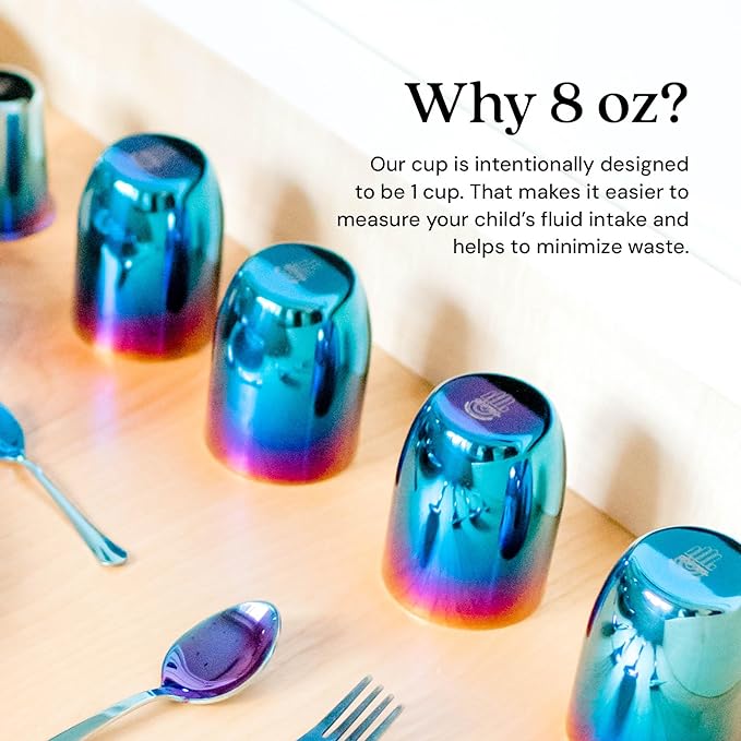 Ahimsa Stainless Steel Kids Cup, Pediatrician Designed, Colorful Toddler Cups for Open Cup Training, 8oz, 100% BPA Free & Dishwasher Safe, Single Iridescent Blue