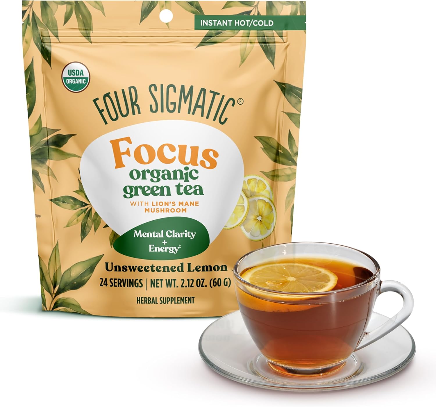 Four Sigmatic Focus Organic Green Tea | Focus Enhancing Tea with Lion's Mane Mushroom Extract | Organic Green Tea, Mint, and Rose Hips | Vegan, Gluten-Free | Unsweetened with Lemon, 24 Servings