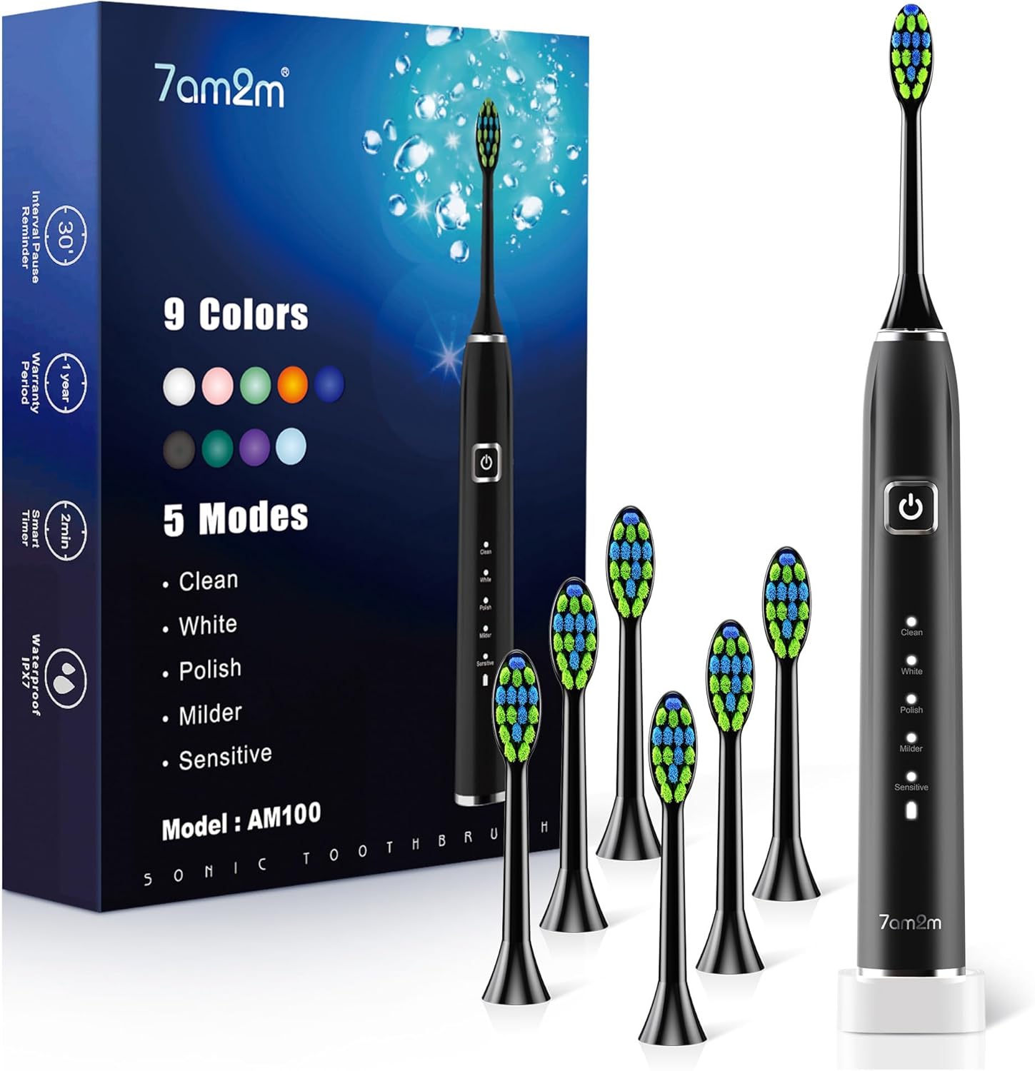 7AM2M Sonic Electric Toothbrush with 6 Brush Heads for Adults&Kids, One Charge for 120 Days, Wireless Fast Charge, 5 Modes, 40000VPM Powered Toothbrush, 2 Minutes Built in Smart Timer (Black)