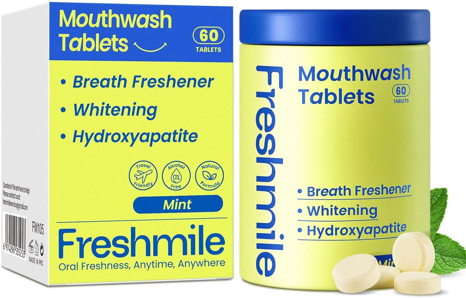 Travel Mouthwash Tablets for Smokers - Fluoride & Alcohol-Free, Xylitol & Nano-Hydroxyapatite (NHA) for Bad Breath Treatment & Natural Whitening, Mint Flavor (60 Count)