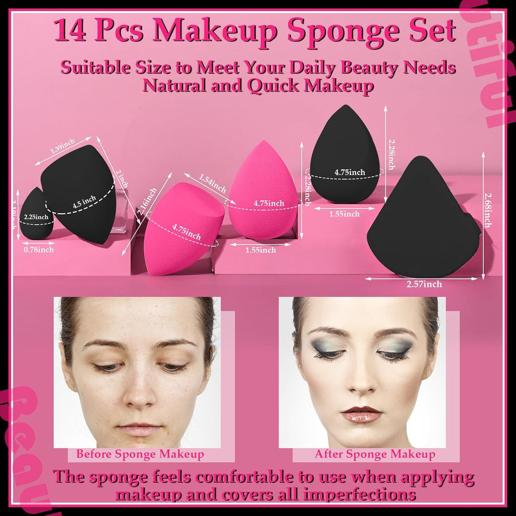 14 Pcs Makeup Sponges,Beauty Sponges Blender with 4 Pcs Powder Puff and 4 Pcs Mini Make up Sponges Valentine's Day Gift,Mother's Day Gift for Women Liquid,Foundation,Powder,Concealer(Black,Hot pink)