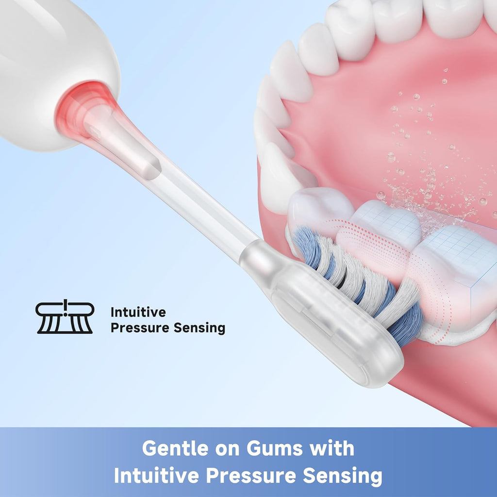 Mova Fresh SweepDrive Electric Toothbrush, Rechargeable Electric Power Toothbrush for Adults, Intuitive Pressure Sensing, 3-in-1 Replacement Brush Head with Holder, 30 Days of Battery Life, White