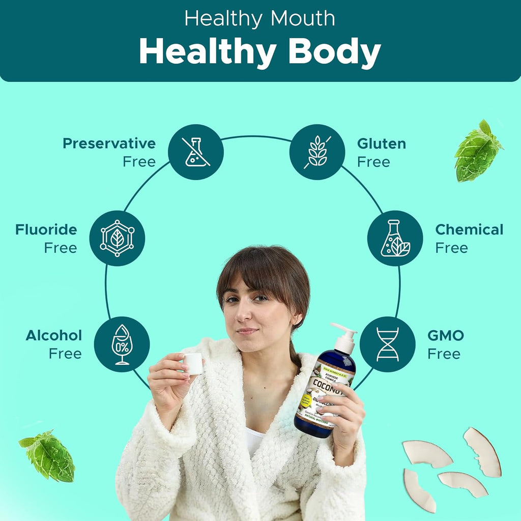 Ayurvedic Nano Hydroxyapatite Coconut Oil Pulling for Teeth and Gums, Made in USA Whitening Mouthwash Alcohol Free, Teeth Whitening Pulling Oil with Peppermint Oil, Fights Bad Breath & Plaque, 8 FL Oz
