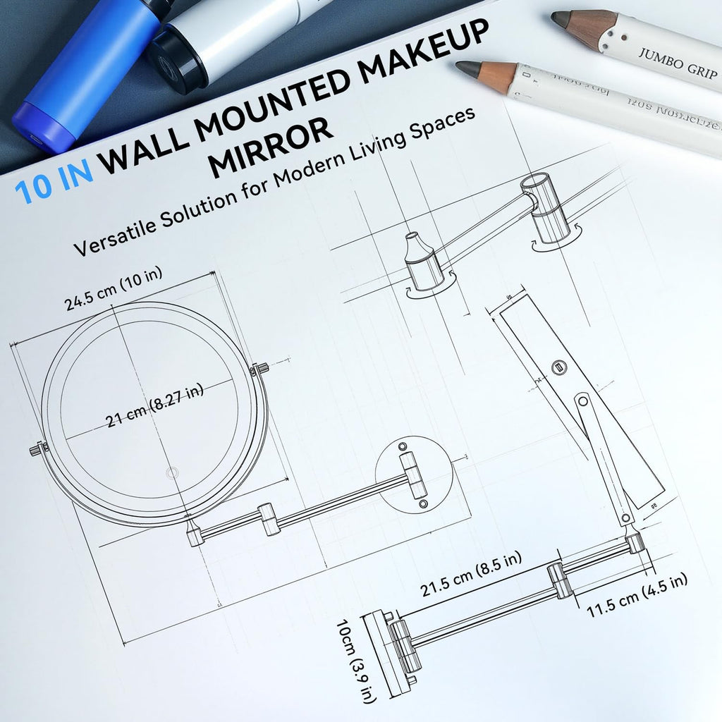10'' 30X/1X Wall Mounted Lighted Makeup Mirror, 5000mAh Rechargeable Double-Sided Magnifying Mirror with Light, LED Vanity Mirror Touch Dimmable 3 Colors 360° Rotation Extended Foldable Arm, Chrome