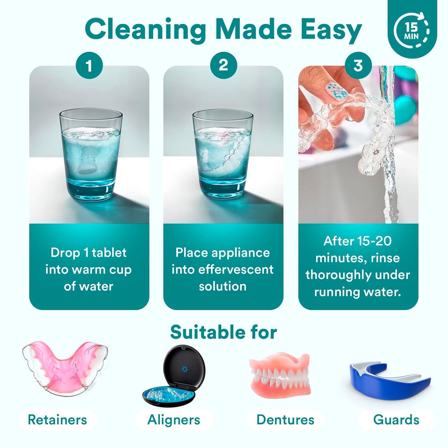 Weiss Naturals Retainer Cleaner Tablets, Invisalign Cleaner, Remove Stains, Odors & Plaque, PERSULFATE FREE Night Guard & Denture Cleaner 2-Month Supply, 60 Mint Scented Tablets