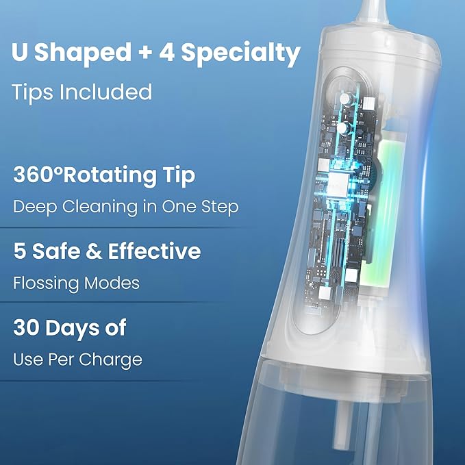 Cordless Water Flosser for Teeth, U-Shaped Flossing 360° Deep Clean, 5 Modes 7 Jet Tips for Adult & Child, Portable Rechargeable Dental Flosser Pick for Braces, Travel, 350ML Large Tank