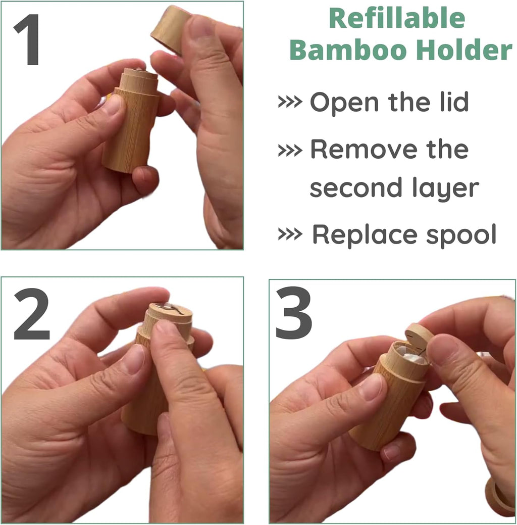 Charcoal Bamboo Floss | 2 Natural Floss Refill with Bamboo Container | Organic Mint & Candelilla Wax | Vegan & Biodegradable | Compatible with Similar Size Dental Silk Containers