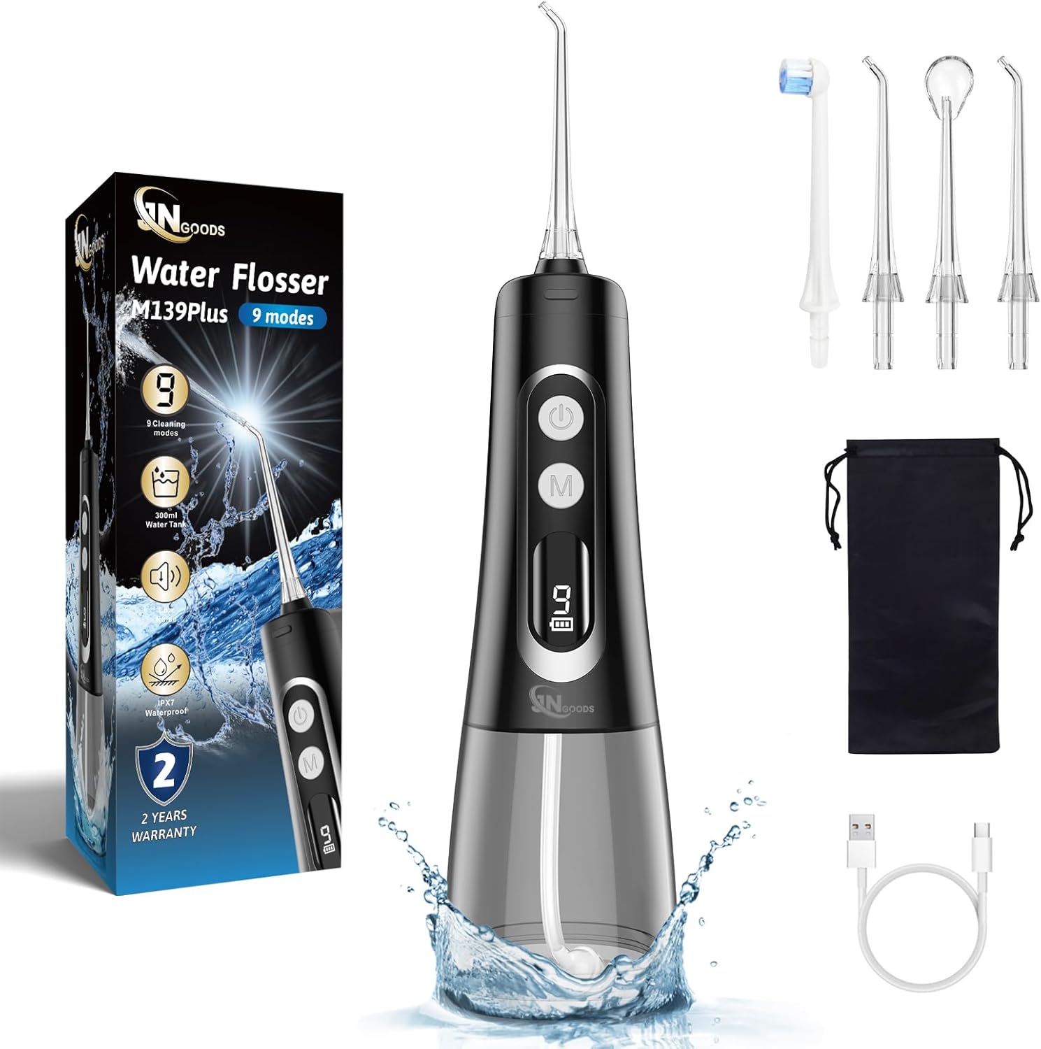 Water Dental Flosser Oral irrigator,JNGOODS 300ml Rechargeable Water flosser for Teeth IPX7 Waterproof 9 Modes Portable Oral Irrigator. LED Display with 4 Jet Tips, Travel Home use (Black)