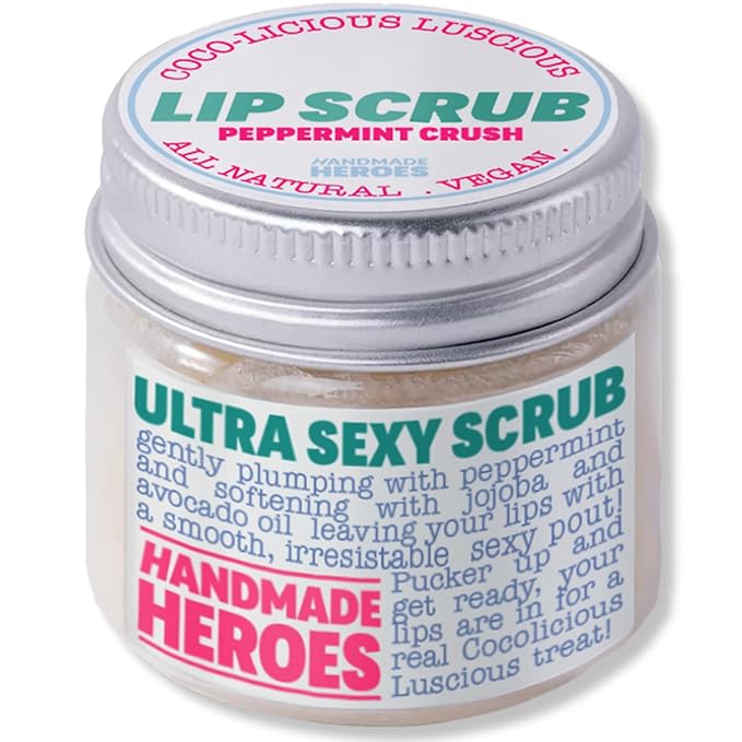 Handmade Heroes Peppermint Lip Scrub - 100% Natural Vegan Conditioning Lip Exfoliator & Sugar Polish for Dry Chapped Lips - Lip Plumper & Hydrating Lip Therapy for Smooth Supple Lips 1 oz