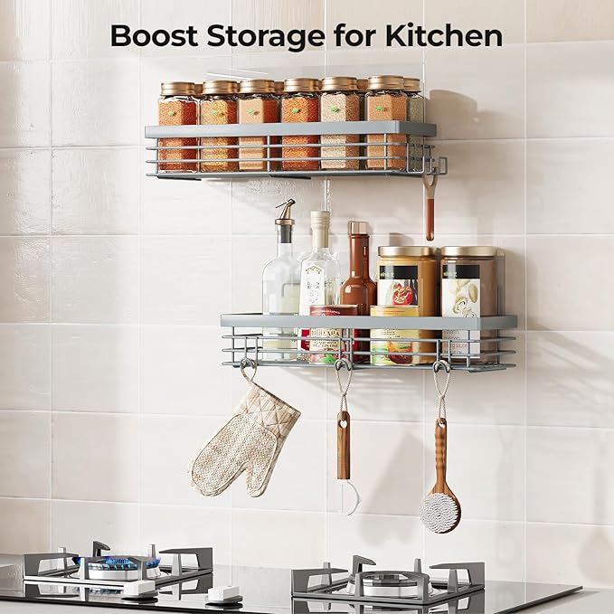 Orimade Shower Caddy with 5 Hooks for Hanging Razor and Sponge Adhesive Shower Shelf Basket Bathroom Storage Organizer Kitchen Rack No Drilling Stainless Steel Rustproof - 2 Pack, Light Blue Grey