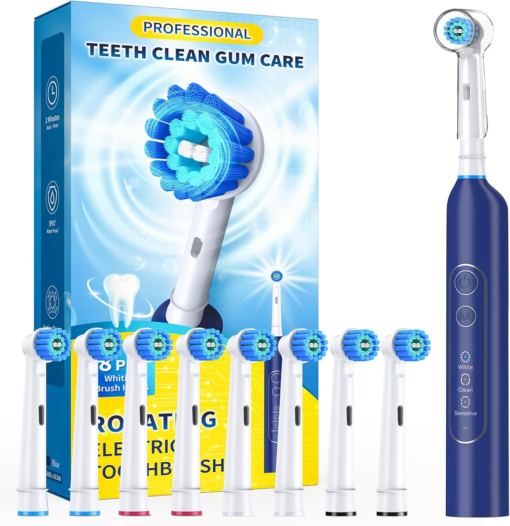 TEETHEORY Rotating Electric Toothbrush for Adults with 8 Brush Heads, Deep Clean Rechargeable Electric Toothbrush with 4 Modes and 2 Min Smart Timer, Last 30 Days and IPX7 Waterproof Blue