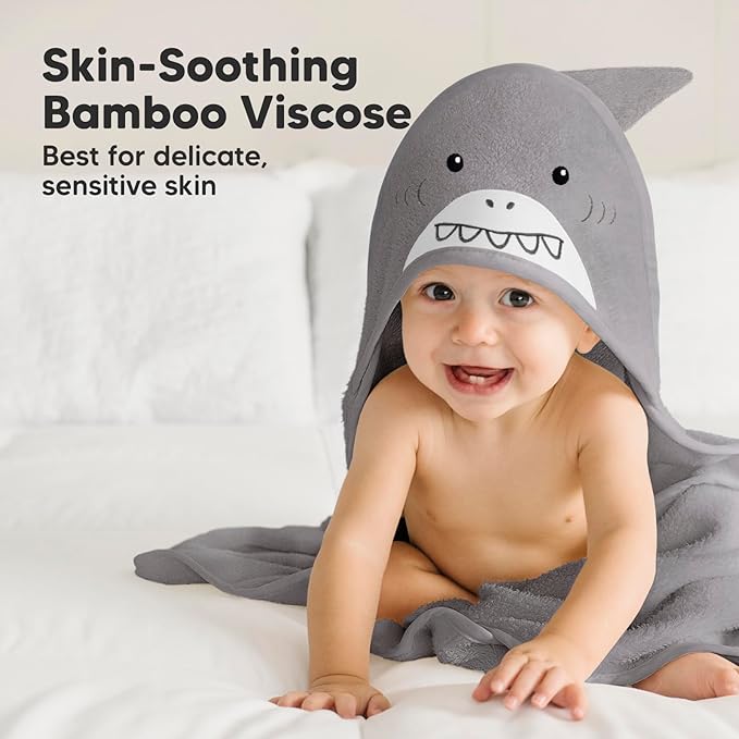 KeaBabies Hooded Baby Towel for Newborn - Viscose Derived from Bamboo Large Baby Bath Towels with Hood for Boys, Girls, Toddler, Extra Absorbent & Soft Newborn Bath Essentials (Shark, Regular)