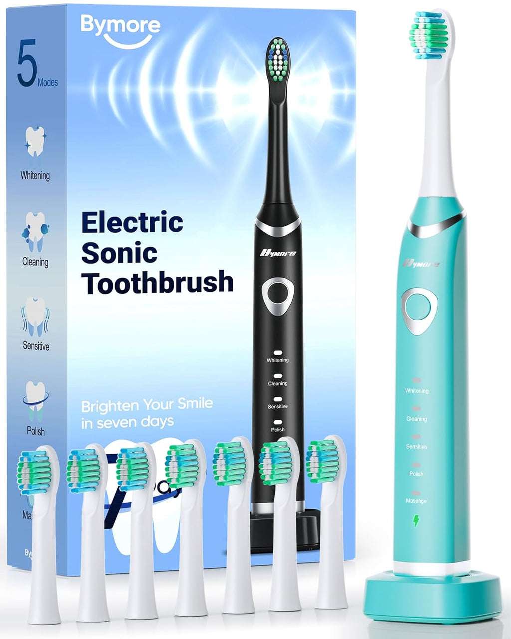 Bymore Electric Toothbrush for Adults,ElectricToothbrush,Travel Sonic Toothbrush with 8 Replacement Heads,Ultra Soft RechargeableToothbrush-Blue