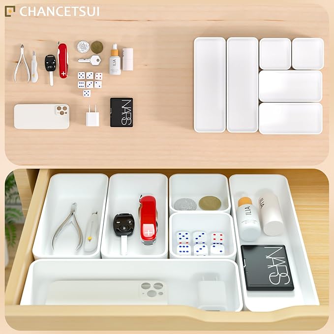 Organizer Drawer, Storage Plastic Desk Bins Stackable Organizers Tray, Bathroom Dividers Small Makeup Bin Clothes Organizing Trays for Containers Vanity Office Cabinet Desktop Compartment, White