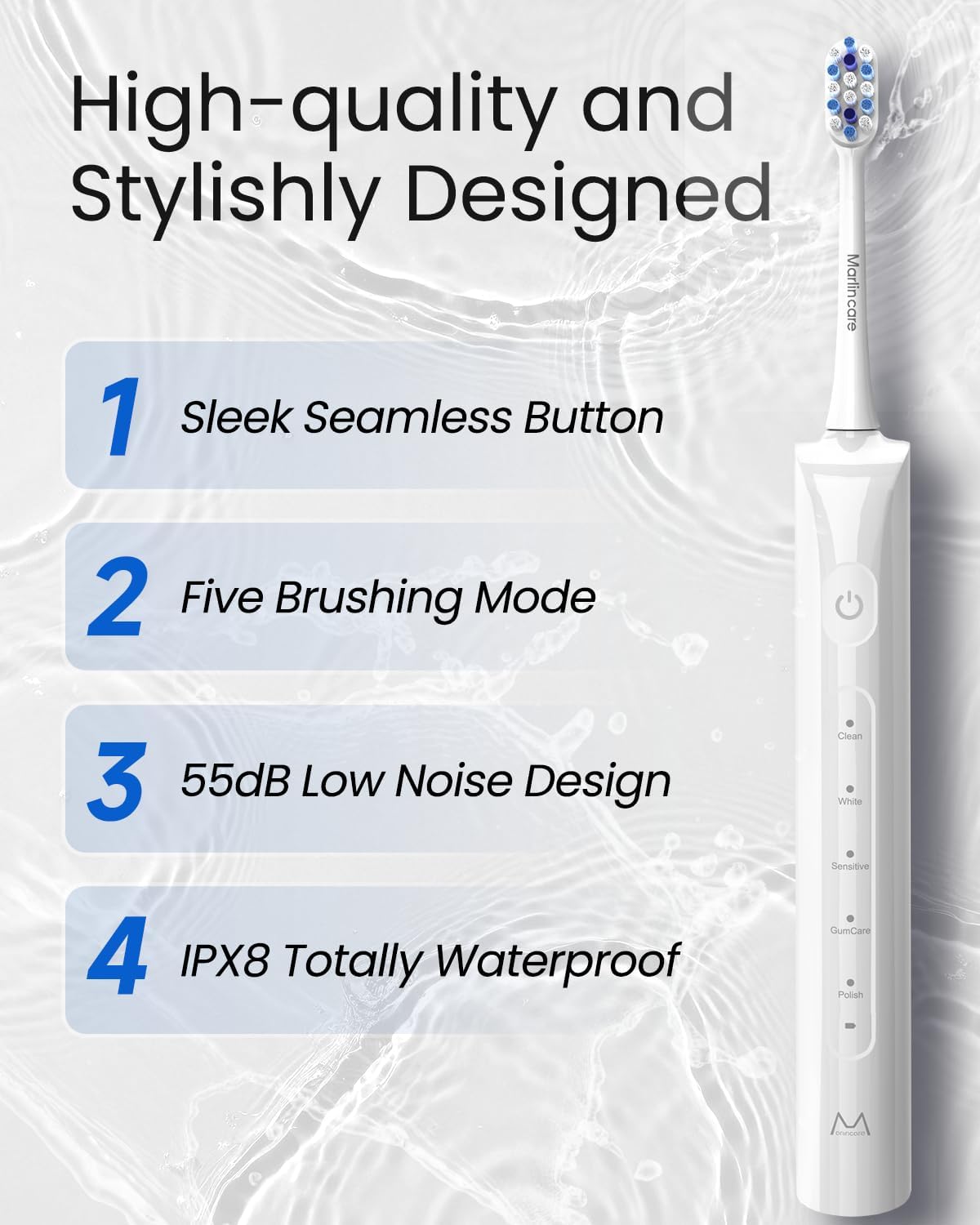 Electric Toothbrush for Adults, Rechargeable Sonic Travel Toothbrush Teens with 4 Brush Heads-180 Days Battery Life, 55000VPM, 5 Modes Smart Timer& Travel Case, White