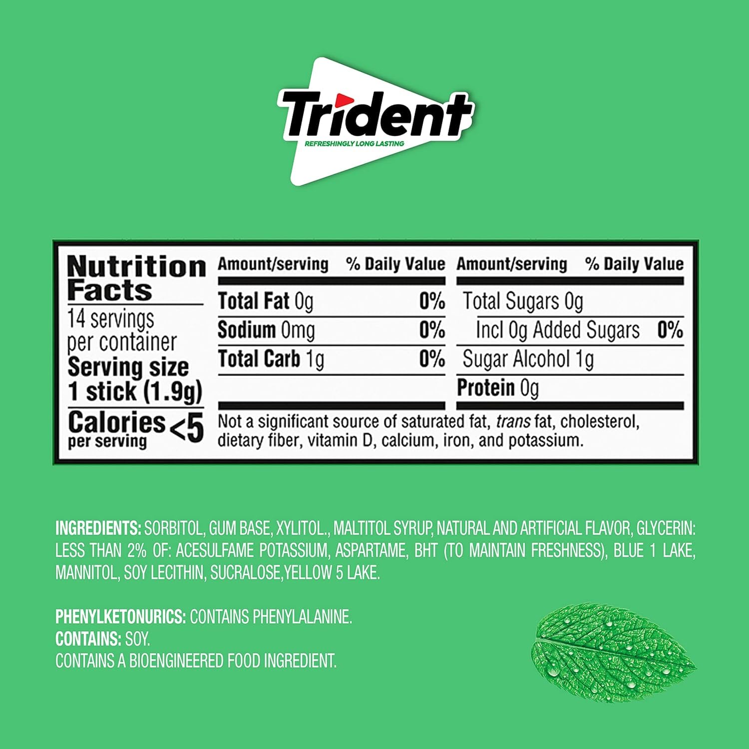 Trident Spearmint Sugar-Free Chewing Gum, 12 Packs of 14 Pieces (168 Total Pieces)