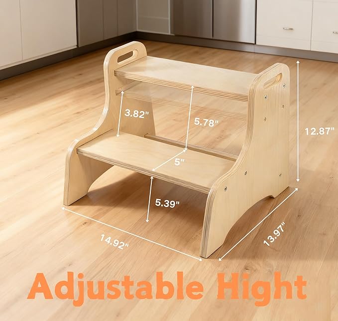 Toddler Step Stool, 2-Step Wooden Step Stool with Adjustable Hight, Sturdy 330lbs Capacity Kid Stool for Toddlers, Easy-Wipe Surface (Natural Wood)