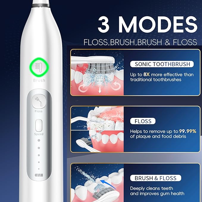 Electric Toothbrush with Water Flosser, 3 Sonic Modes, 5 Flossing Speeds with 3 Brushes + 1 Nozzle, Portable Flossing Toothbrush Combo for Adults Teeth Cleaning Kit for Plaque Removal,White