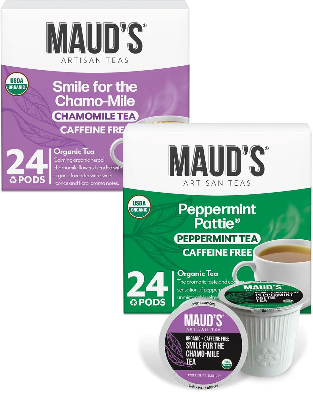 Maud's Organic Chamomile Lavender & Organic Peppermint Tea Bundle, 48 ct, Recyclable Single Serve Pods – 100% Gourmet Blended Tea Leaves, Compatible with Keurig K Cups Maker