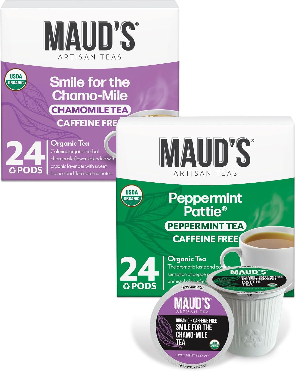 Maud's Organic Chamomile Lavender & Organic Peppermint Tea Bundle, 48 ct, Recyclable Single Serve Pods – 100% Gourmet Blended Tea Leaves, Compatible with Keurig K Cups Maker