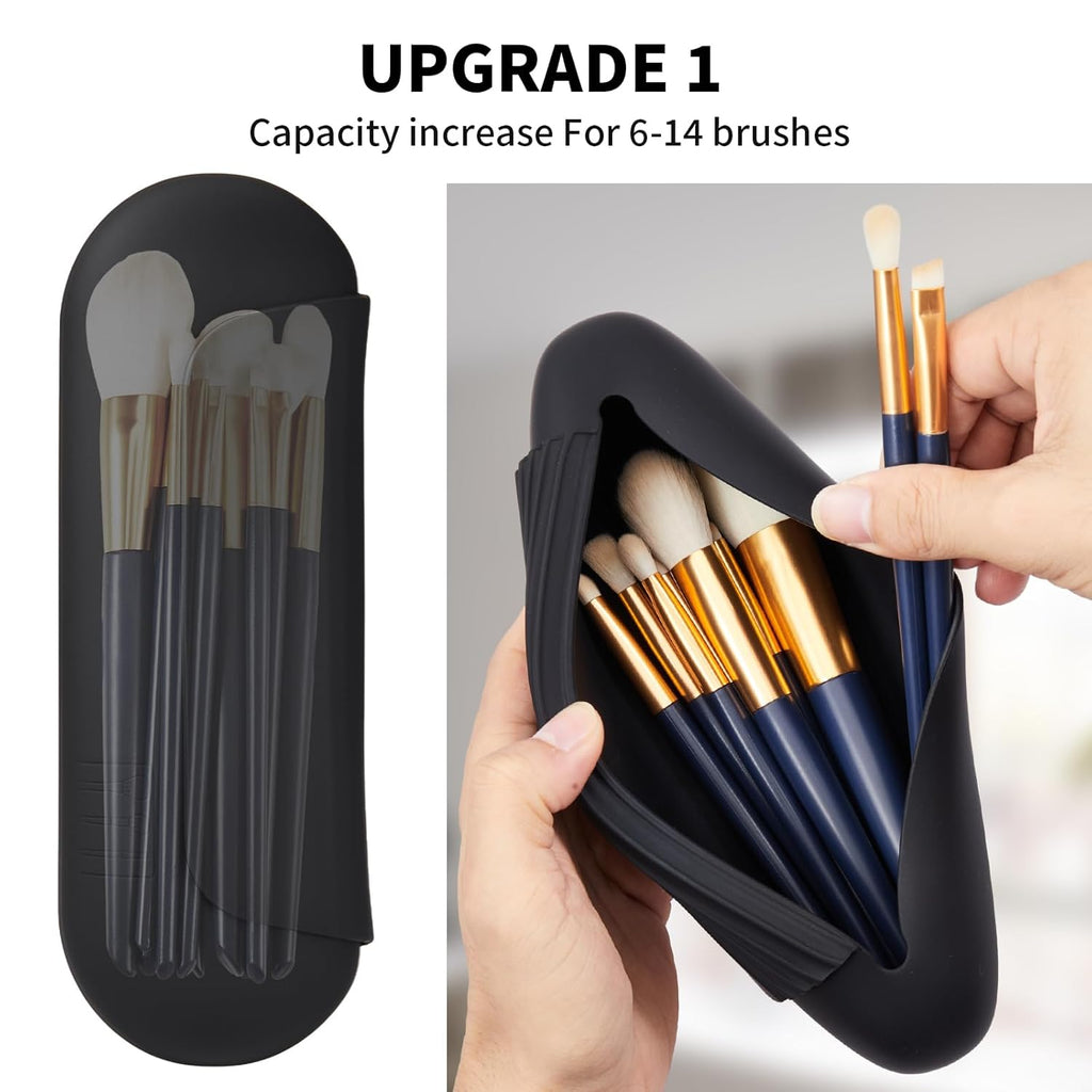 Silicone Makeup Brush Holder Travel Cosmetic Bag：Soft Portable Cosmetic Face Brushes Holder with Upgrade Anti-Fall Out Magnetic Closure, Large Travel Makeup Brush Case - Black