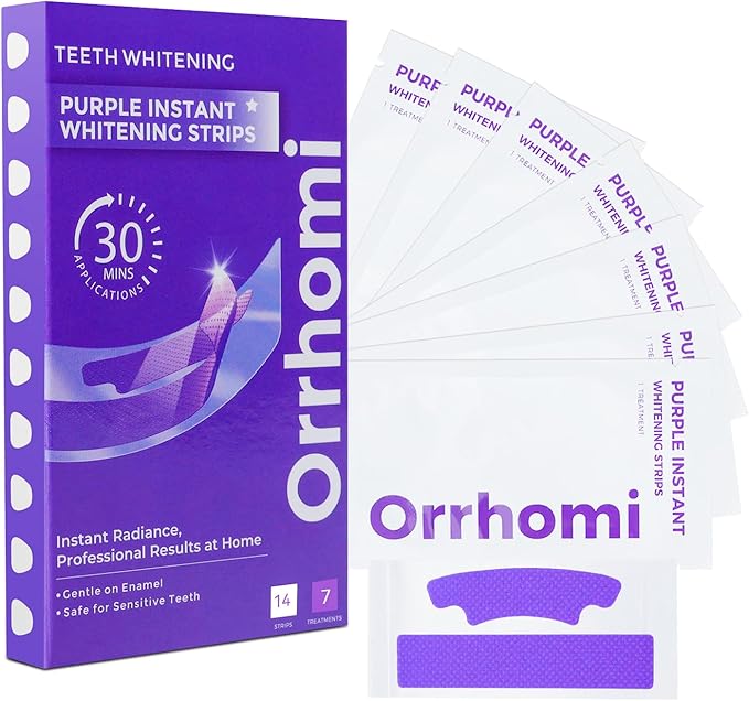 Teeth Whitening Strips 7 Treatments, Enamel Safe for Sensitive Tooth, Whitens Teeth, Purple Whitening Strips, Removes Yellow Stains & Bad Breath - Effective Color Correction for a Brighter Smile